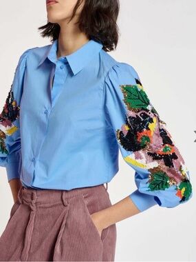 Essentiel Antwerp Cool Blue Embellished Carnet Puff Sleeve Shirt